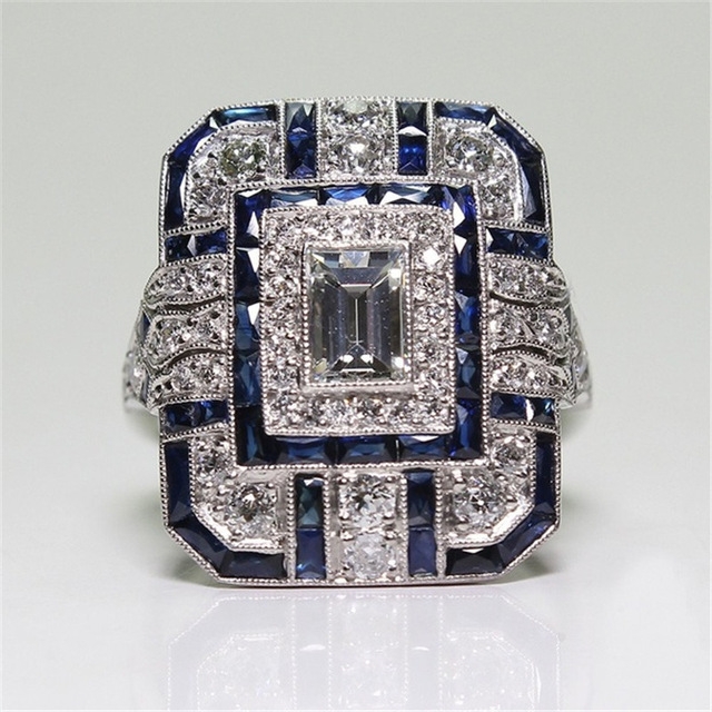 Luxury Square Women Crystal Zircon Engagement Ring, Ring Size:9(Blue)
