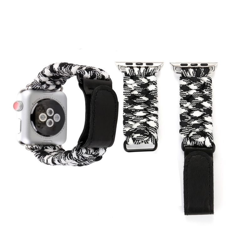 Magic Paste Genuine Leather Umbrella Rope Nylon Wrist Watch Band with and Stainless Steel Buckle for Apple Watch Series 10 42mm / 9&8&7 41mm / SE 3&SE 2&6&SE&5&4 40mm / 3&2&1 38mm(Black White)