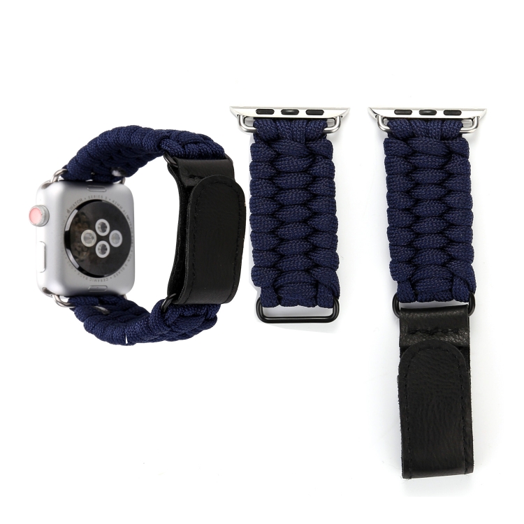 Magic Paste Genuine Leather Umbrella Rope Nylon Wrist Watch Band with and Stainless Steel Buckle for Apple Watch Series 10 42mm / 9&8&7 41mm / SE 3&SE 2&6&SE&5&4 40mm / 3&2&1 38mm(Dark Blue)