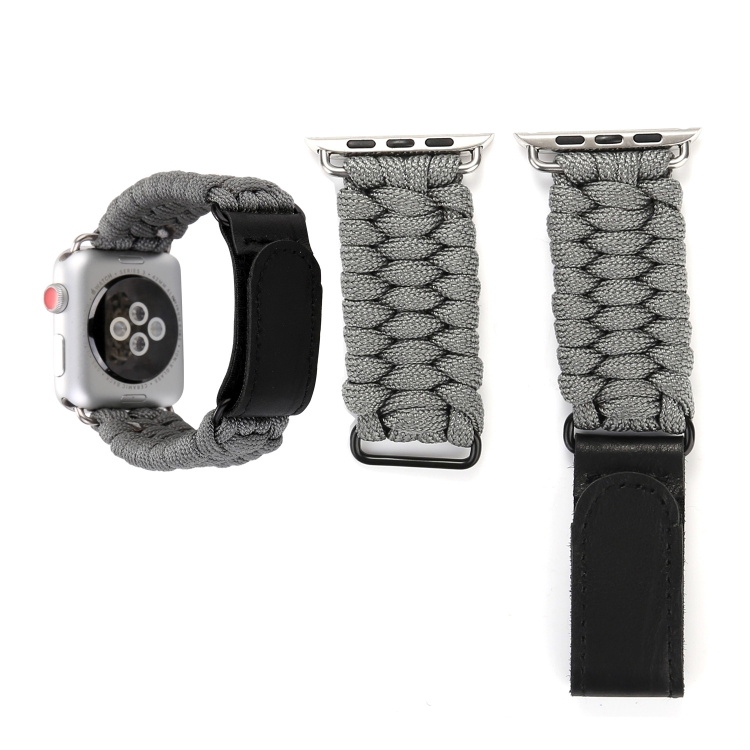 Magic Paste Genuine Leather Umbrella Rope Nylon Wrist Watch Band with and Stainless Steel Buckle for Apple Watch Series 10 42mm / 9&8&7 41mm / SE 3&SE 2&6&SE&5&4 40mm / 3&2&1 38mm(Grey)