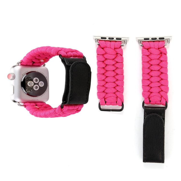 Magic Paste Genuine Leather Umbrella Rope Nylon Wrist Watch Band with Stainless Steel Buckle for Apple Watch Ultra 49mm&Watch Ultra 2 49mm / Series 10 46mm / 9&8&7 45mm / SE 3&SE 2&6&SE&5&4 44mm / 3&2&1 42mm(Magenta)