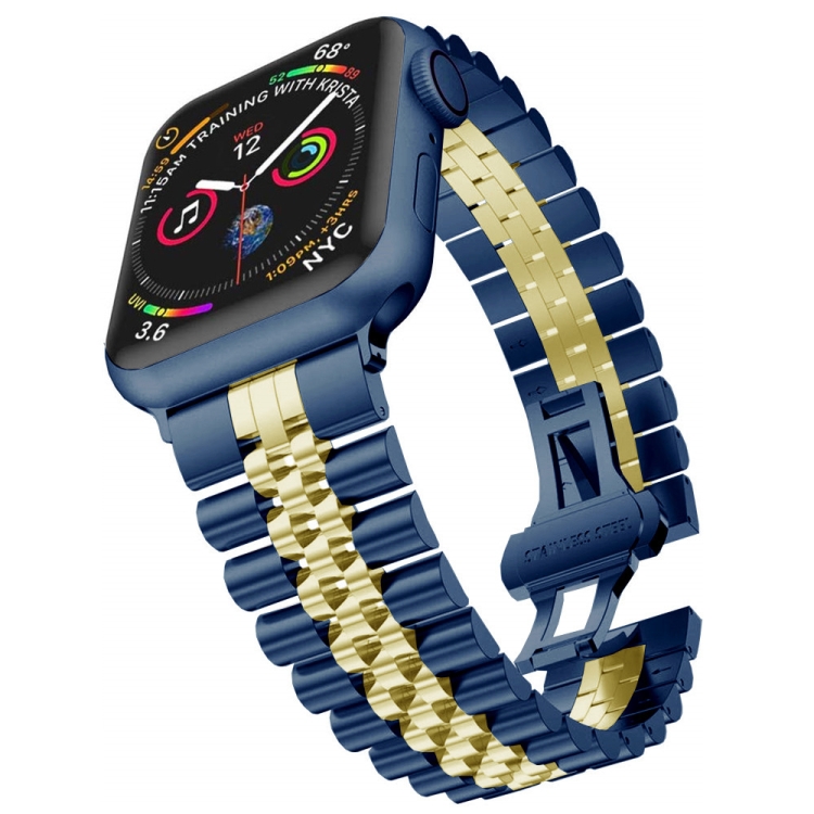 Man Five Beads Stainless Steel Watch Band, Width: 22mm For Apple Watch Series 9&8&7 41mm / SE 3&SE 2&6&SE&5&4 40mm / 3&2&1 38mm(Blue + Gold)