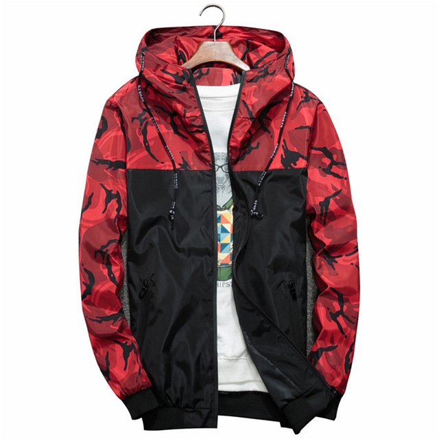 Men Bomber Jacket Thin Slim Long Sleeve Camouflage Military Jackets Hooded, Size: L(Red)