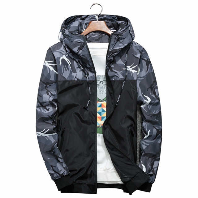 Men Bomber Jacket Thin Slim Long Sleeve Camouflage Military Jackets Hooded, Size: M(Gray)