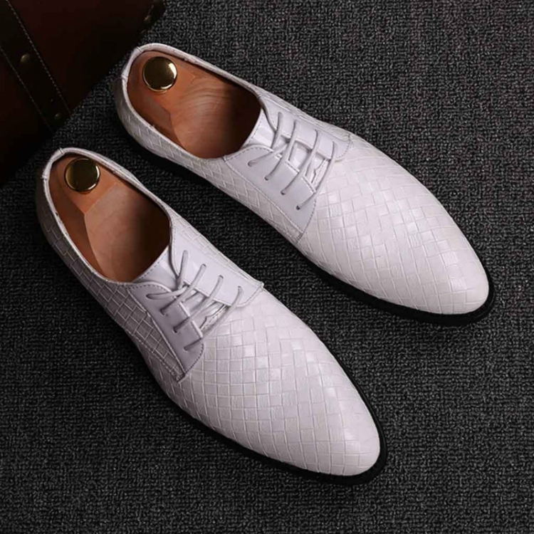 Men Business Dress Shoes Crocodile Leather Shoes Pointed Strips Brock Casual Shoes, Size:47(White)