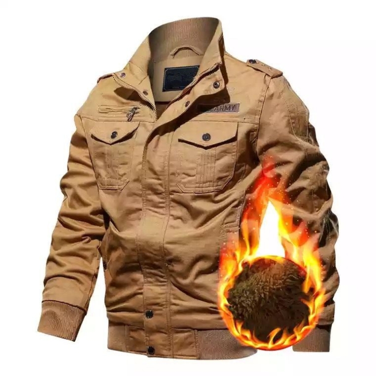 Men Casual Slim Plus Velvet Jacket (Color:Khaki Size:M)