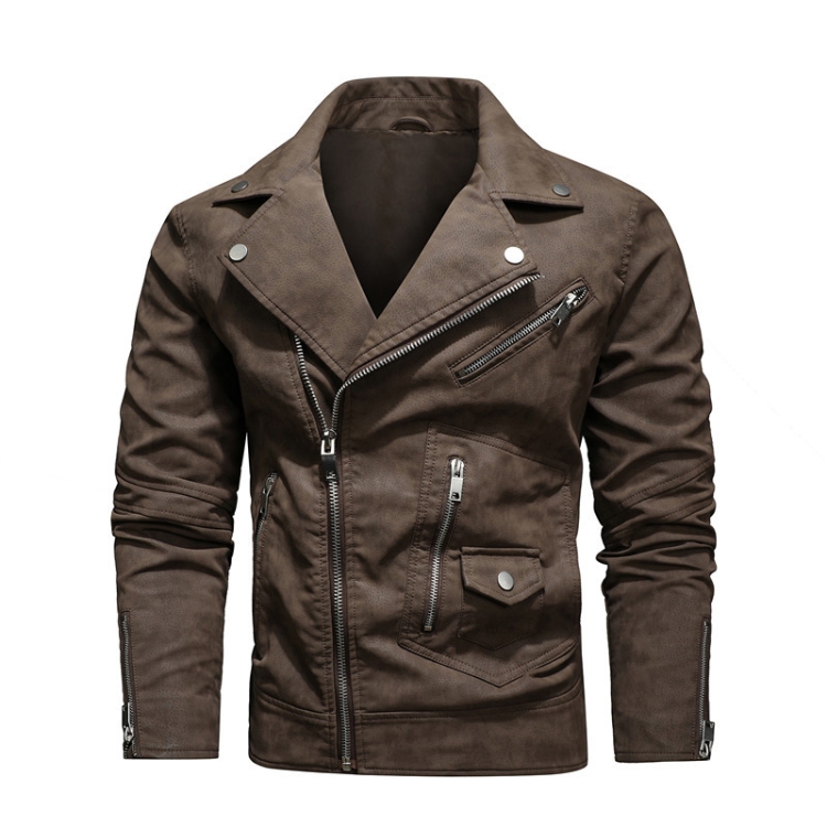 Men Fashion PU Lapel Leather Jacket, Size: L(Brown)