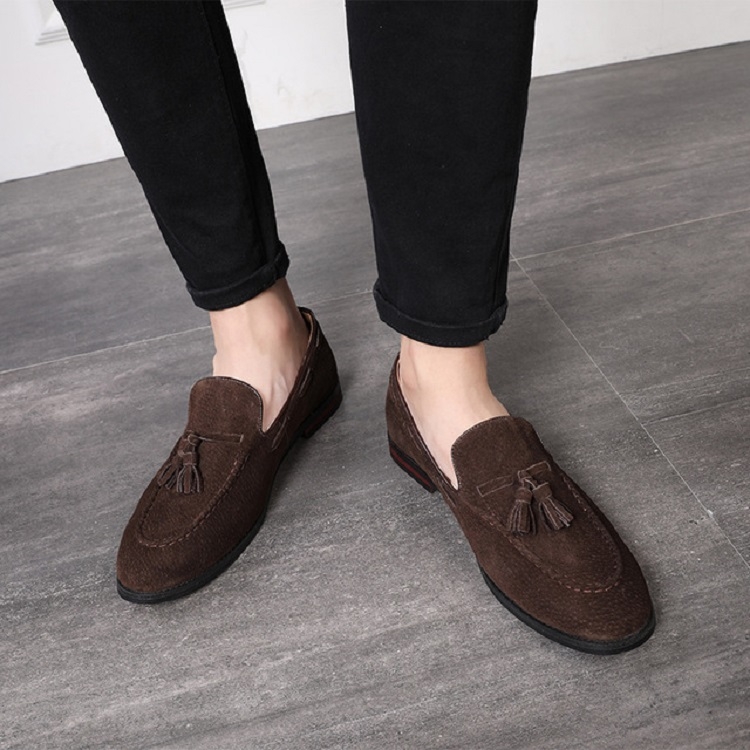 Men Leather Shoes Suede Tassels Slip-on Peas Shoes, Size:37(Brown)