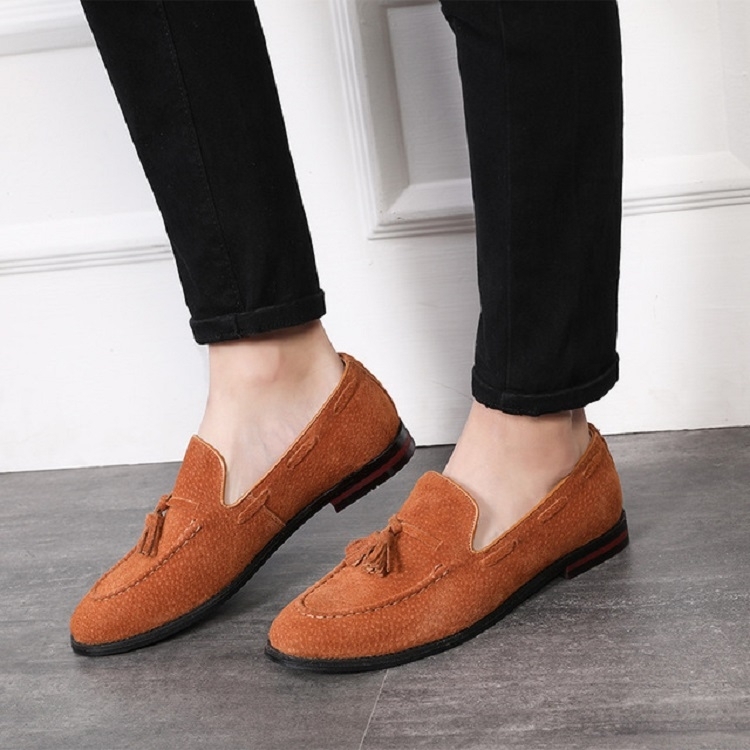 Men Leather Shoes Suede Tassels Slip-on Peas Shoes, Size:47(Yellow)