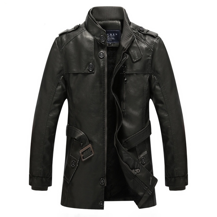 Men Long Style Leather Jacket Coat (Color:Black Grey Size:XXXXL)
