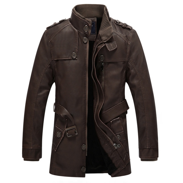 Men Long Style Leather Jacket Coat (Color:Brown Size:M)