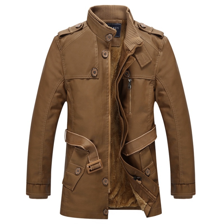 Men Long Style Leather Jacket Coat (Color:Khaki Size:L)