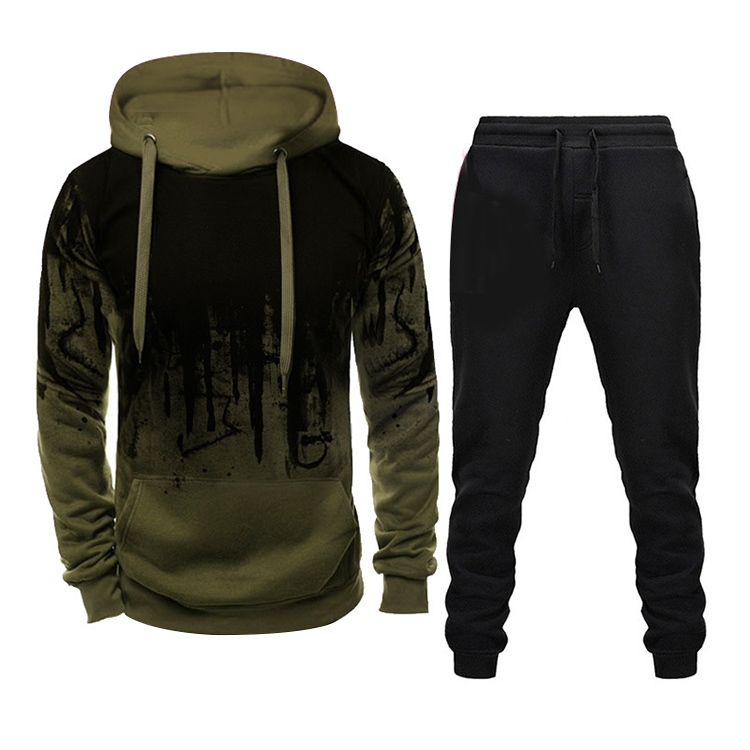 Men Loose Print Hoodie Sport Sweatshirt Set (Color:Army Green Size:XXXXL)
