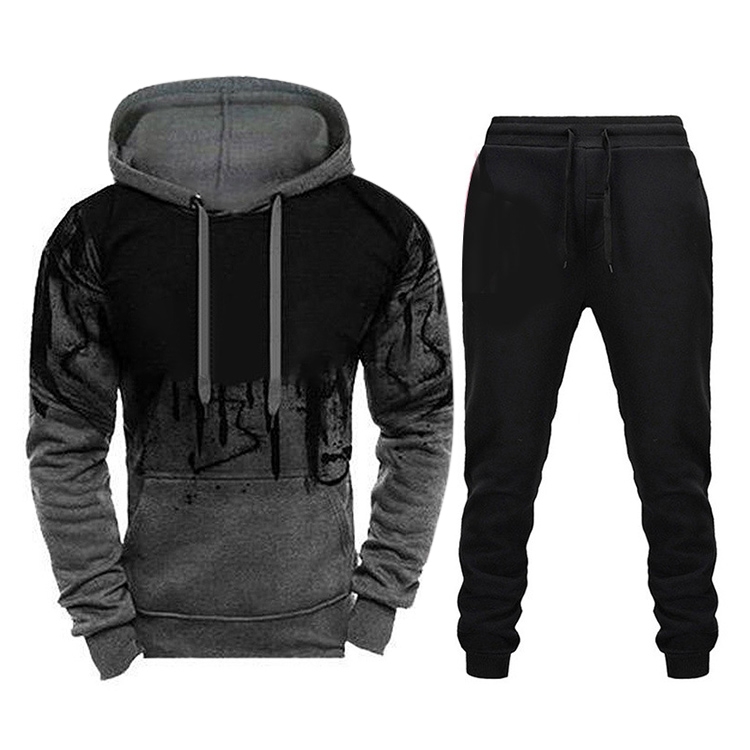 Men Loose Print Hoodie Sport Sweatshirt Set (Color:Grey Size:XL)