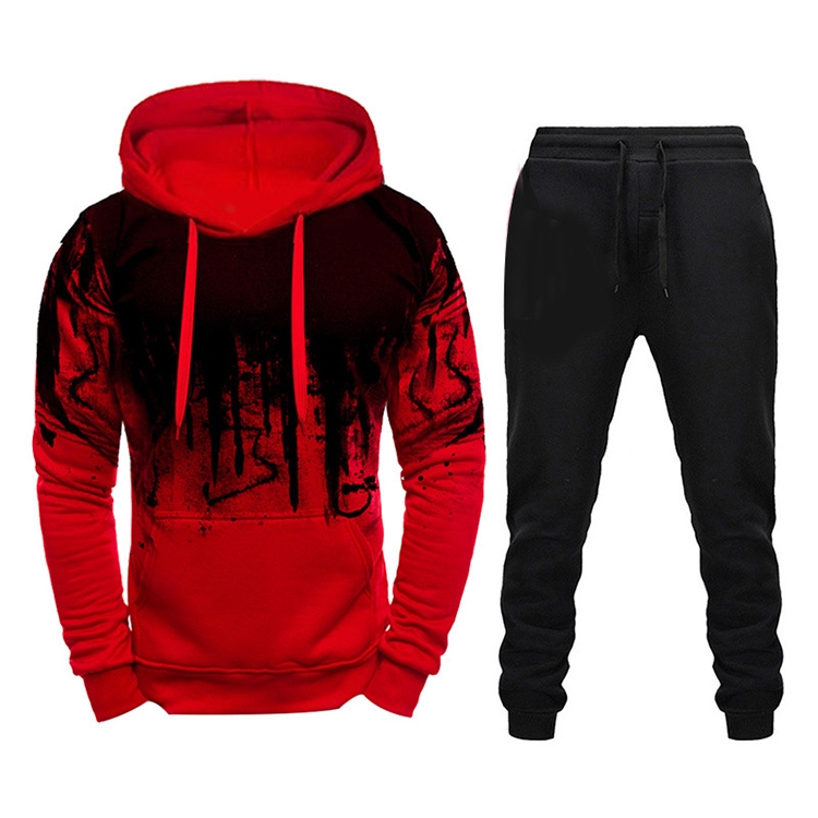 Men Loose Print Hoodie Sport Sweatshirt Set (Color:Red Size:XL)