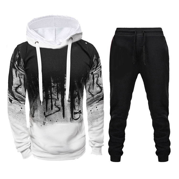 Men Loose Print Hoodie Sport Sweatshirt Set (Color:White Size:XXXXL)