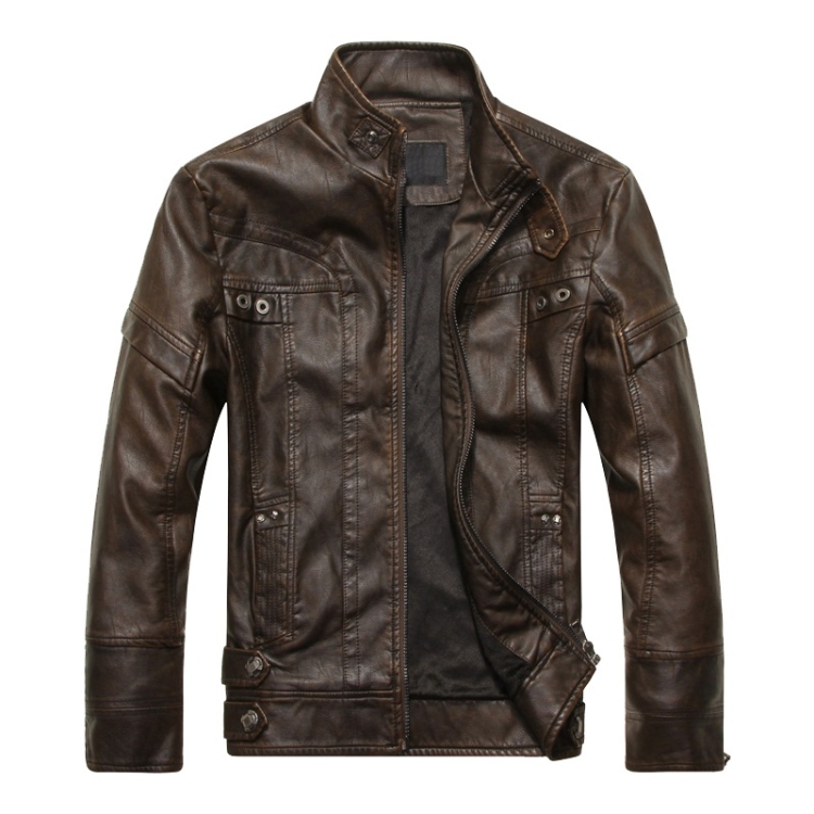 Men Plus Velvet Fashion Leather Jacket Motorcycle Coat (Color:Coffee Size:XXXL)