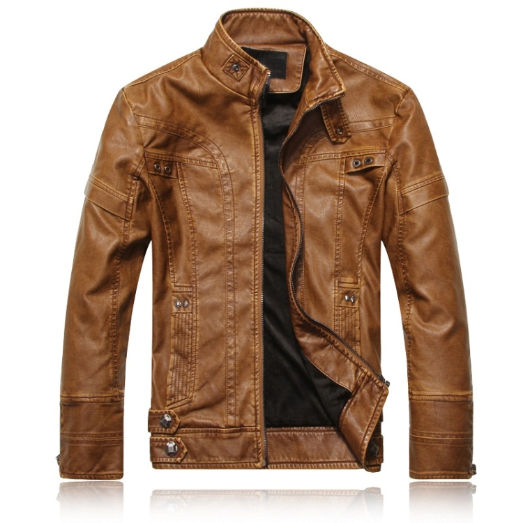 Men Plus Velvet Fashion Leather Jacket Motorcycle Coat (Color:Khaki Size:5XL)