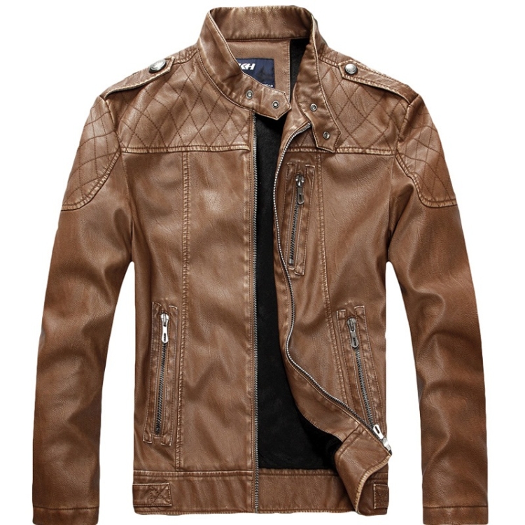 Men Plus Velvet Motorcycle Jacket Coat (Color:Khaki Size:XXL)