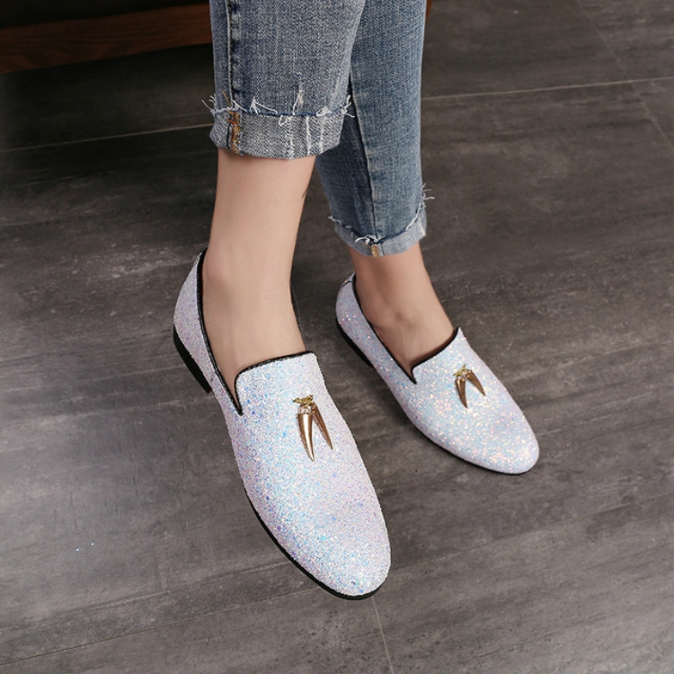 Men Pointed Toe Solid Color Casual Shine Loafer, Size:44(White)