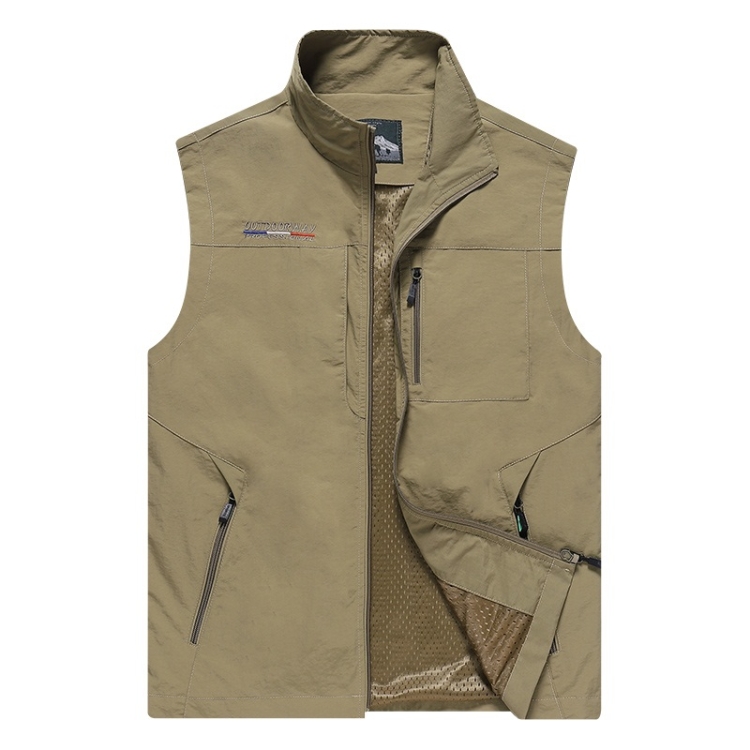 Men Sleeveless Stand Collar Loose Vest Multi-pockets Vest (Color:Khaki Size:6XL)