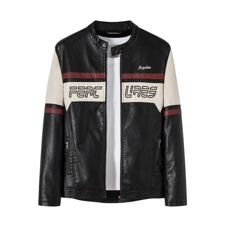 Men Slim Fit Padded Patchwork Motorbike Leather Jacket, Size: XXXL(Black)