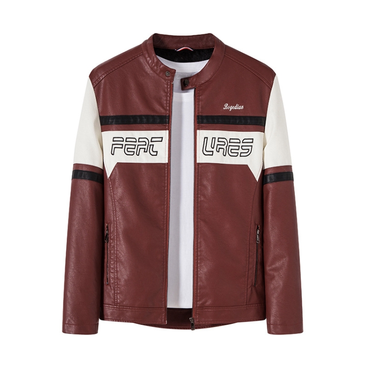 Men Slim Fit Padded Patchwork Motorbike Leather Jacket, Size: XXXL(Red)