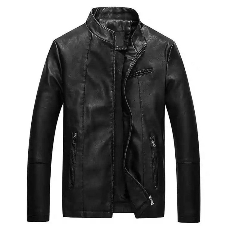 Men Slim-fit Washed PU Leather Jacket (Color:Black Size:M)