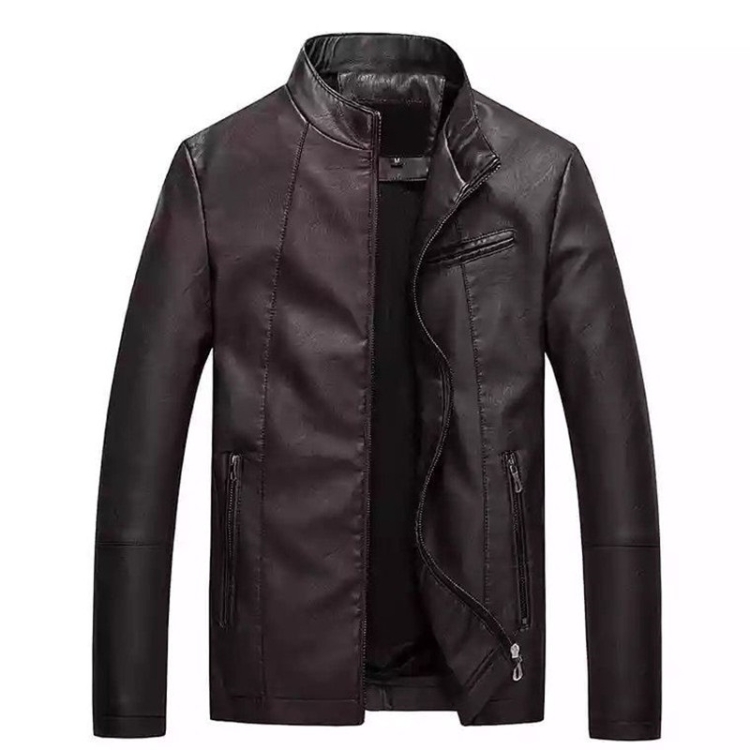Men Slim-fit Washed PU Leather Jacket (Color:Coffee Size:M)