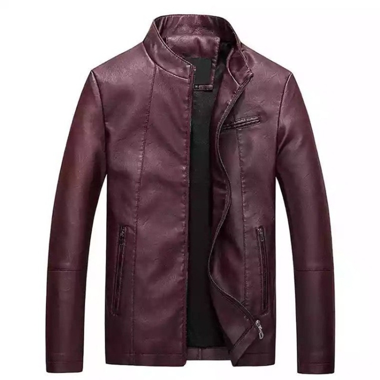 Men Slim-fit Washed PU Leather Jacket (Color:Red Size:XL)