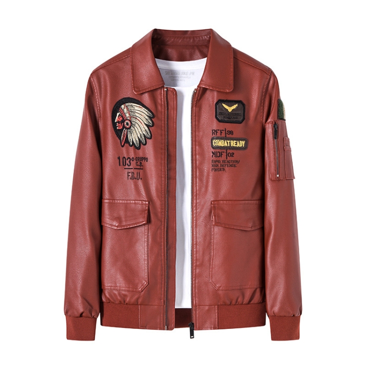 Men Suit Collar Washed PU Leather Jacket Flight Suit, Size: L(Brick Red Velvet)