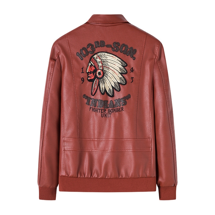 Men Suit Collar Washed PU Leather Jacket Flight Suit, Size: XXL(Brick Red)