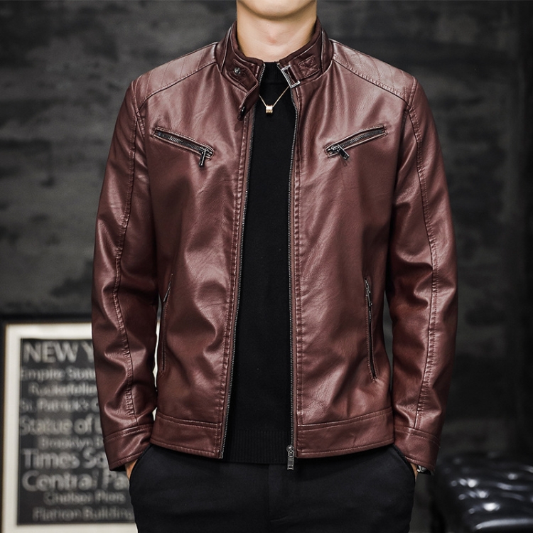 Men Washed PU Padded Slim-Fit Motorbike Leather Jacket, Size: M(Claret)
