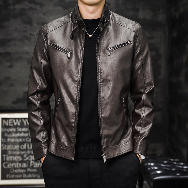 Men Washed PU Padded Slim-Fit Motorbike Leather Jacket, Size: M(Coffee)
