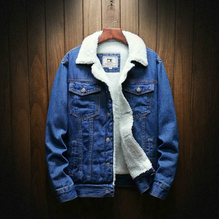Men Winter Wool Liner Jean Jackets Outerwear Warm Denim Coats, Size:XXL(Blue)