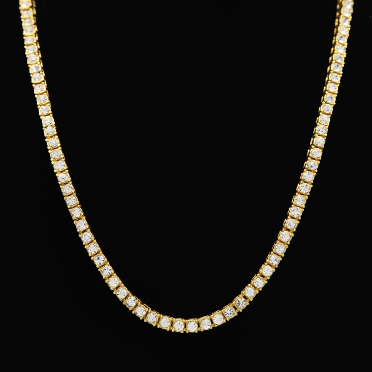 Mens Hip Hop Punk Single Row Crystal Inlaid Alloy Chain Necklace, Size: 24 inch (Gold)