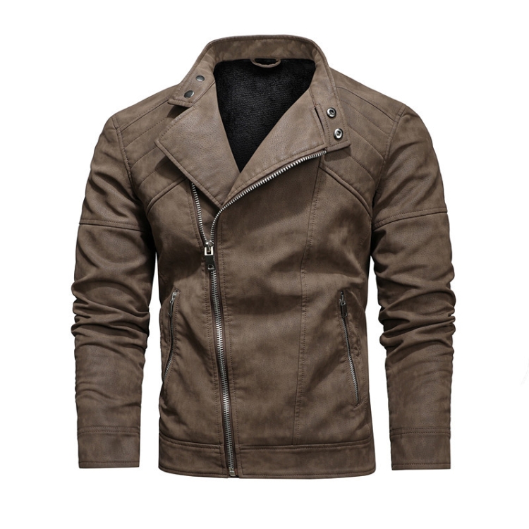 Mens Lapel Leather Motorcycle Jacket, Size: S(Dark Brown)