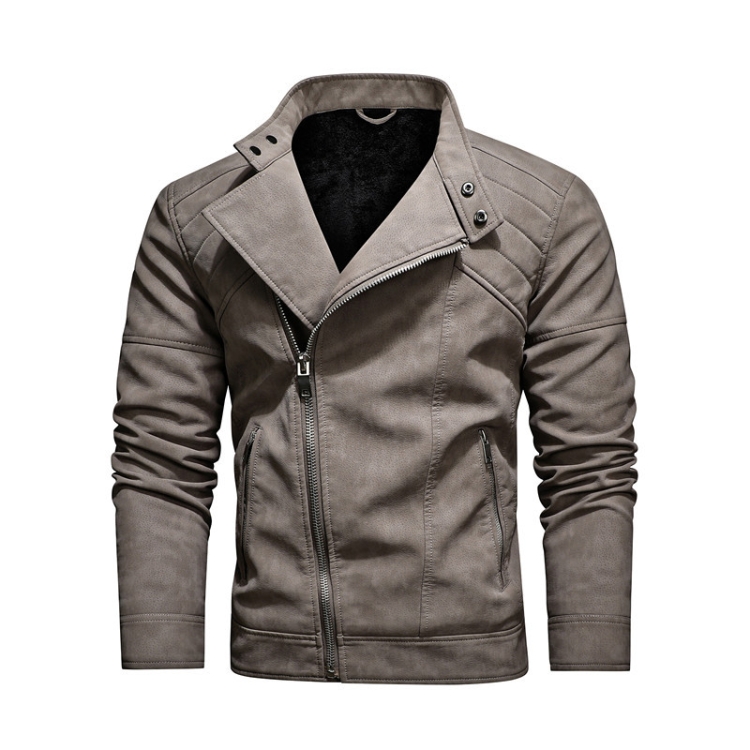 Mens Lapel Leather Motorcycle Jacket, Size: XXL(Khaki)