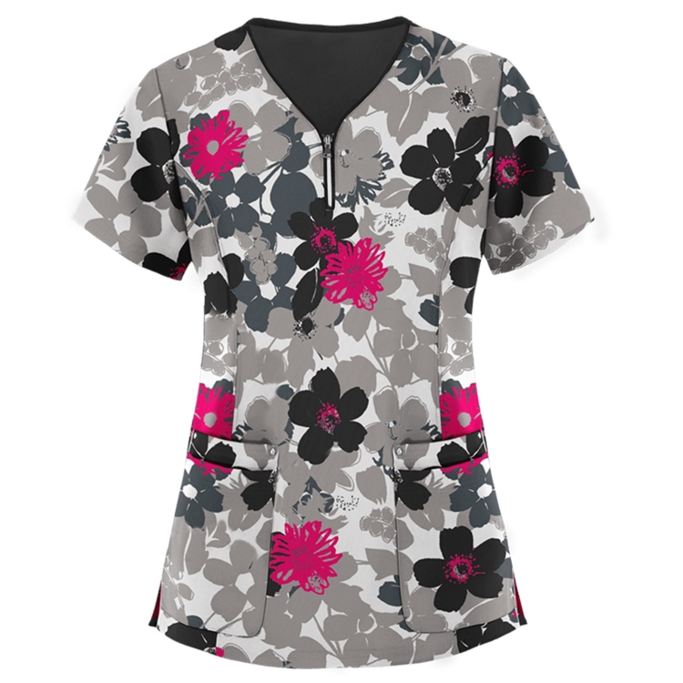 Mid-length Slim-fitting Printed Pullover Nurse Uniform V-neck T-shirt (Color:Gray Size:XXL)