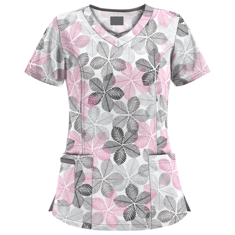 Mid-length Slim-fitting Printed Pullover Nurse Uniform V-neck T-shirt (Color:Pink Size:M)