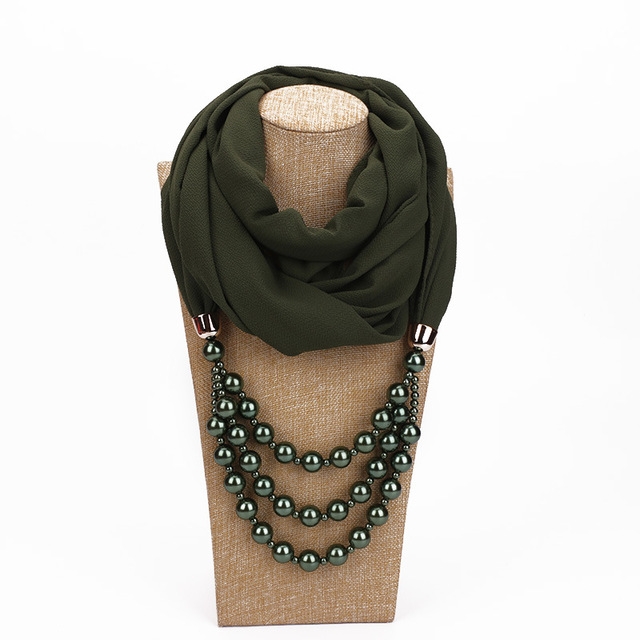 National Style Scarf with Imitation Pearl Necklace(Army green)