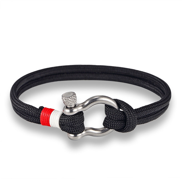 Navy Style Sport Camping Parachute Cord Survival Bracelet with Stainless Steel Shackle Buckle(Black)