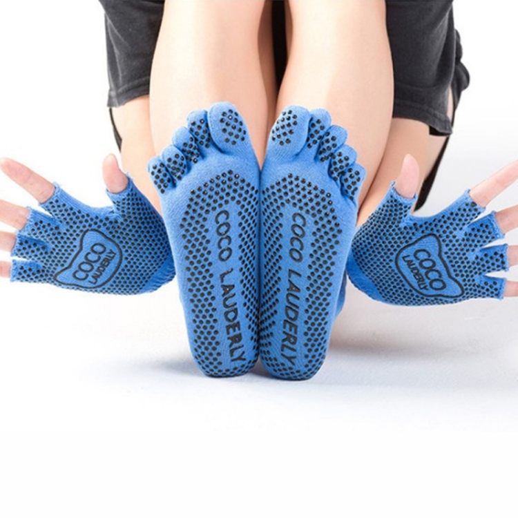 Non-slip Open Finger Yoga Sports Gloves+Five Finger Yoga Socks Set, Size: One Size(Blue)