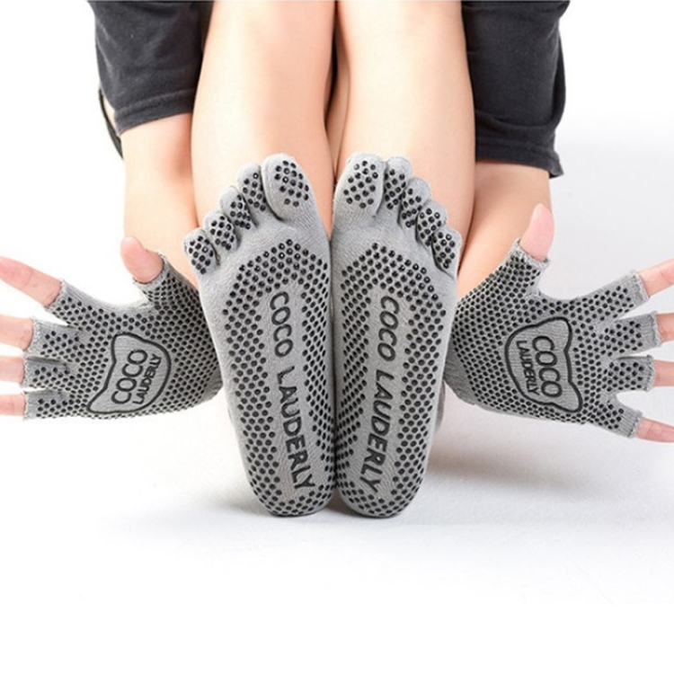 Non-slip Open Finger Yoga Sports Gloves+Five Finger Yoga Socks Set, Size: One Size(Grey)