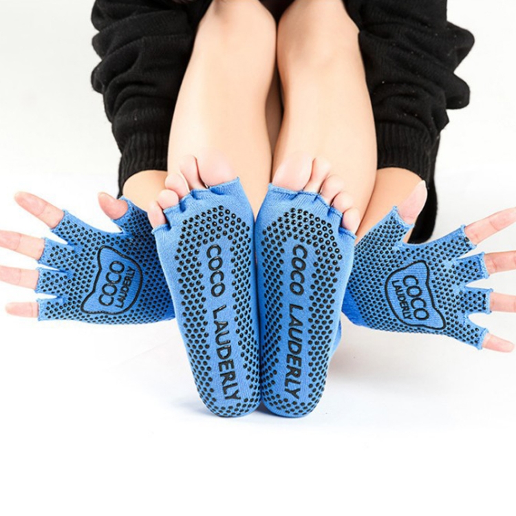 Non-slip Open Finger Yoga Sports Gloves+Five Finger Yoga Socks Set, Size: One Size(Open Toe Blue)