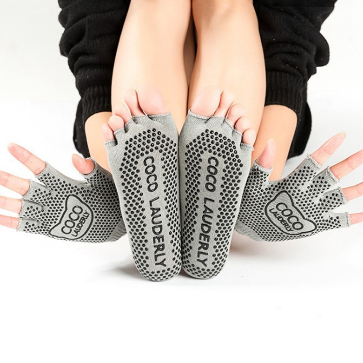 Non-slip Open Finger Yoga Sports Gloves+Five Finger Yoga Socks Set, Size: One Size(Open Toe Gray)