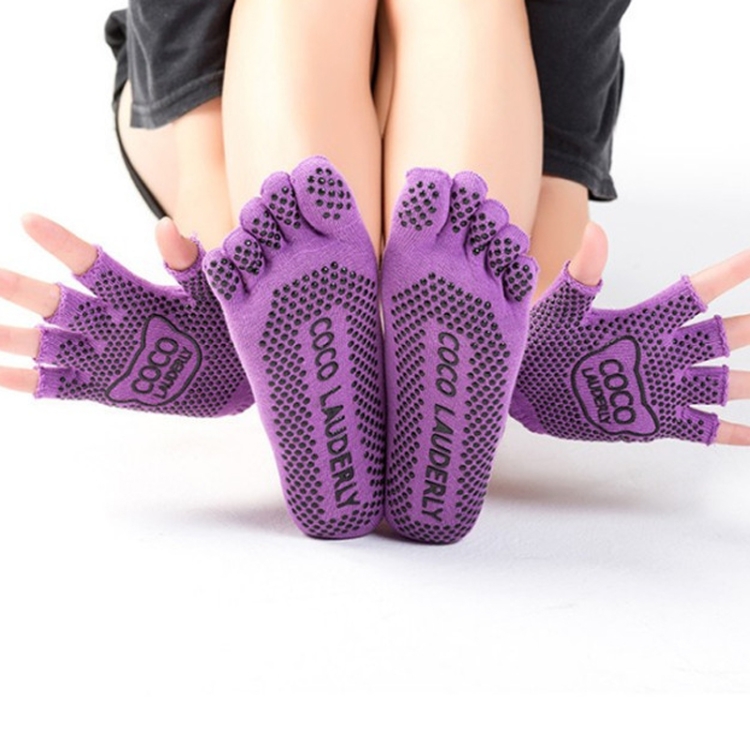 Non-slip Open Finger Yoga Sports Gloves+Five Finger Yoga Socks Set, Size: One Size(Purple)