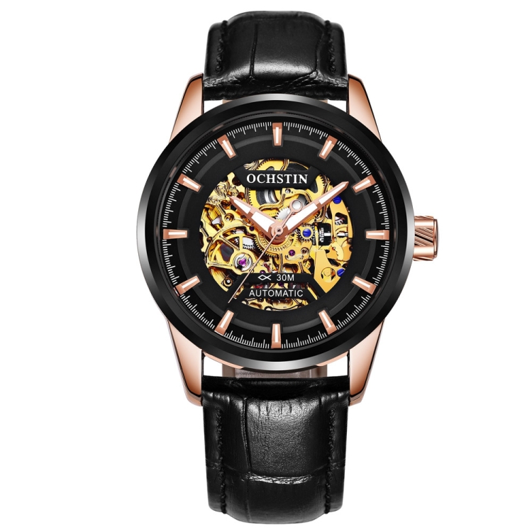 Ochstin 2002C Men Automatic Hollow Leather Mechanical Watch Business Waterproof Night Light Men Watch Mechanical Watch(Black)