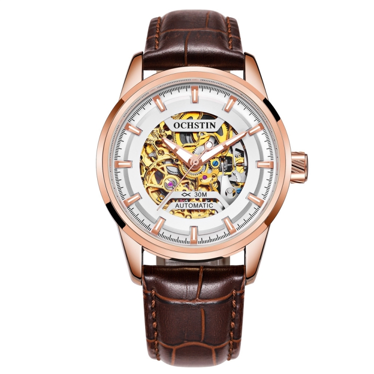 Ochstin 2002C Men Automatic Hollow Leather Mechanical Watch Business Waterproof Night Light Men Watch Mechanical Watch(Coffee)