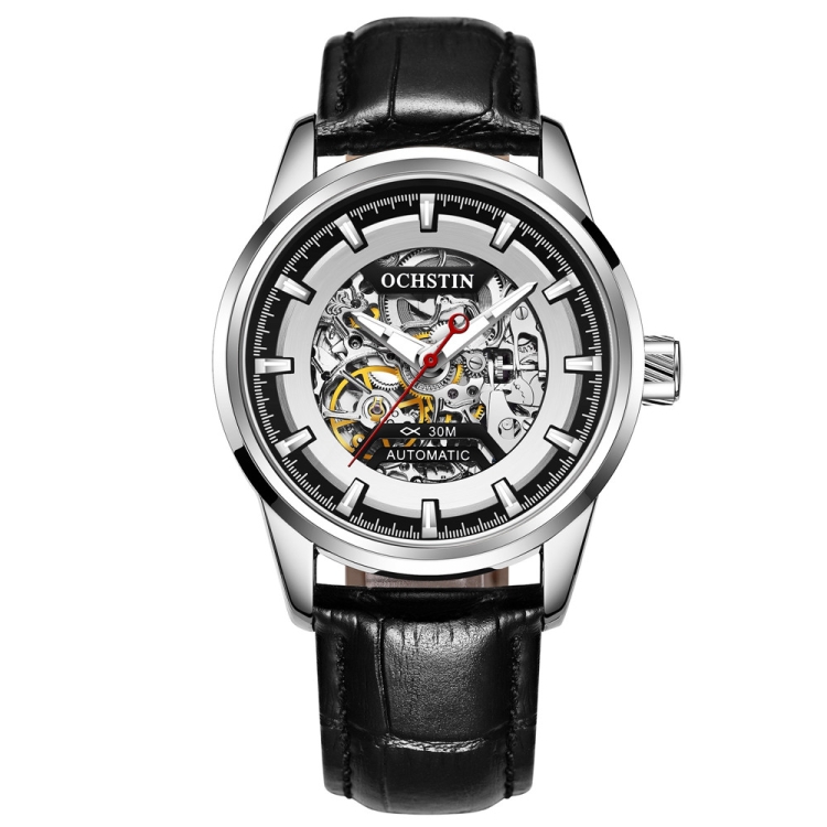 Ochstin 2002C Men Automatic Hollow Leather Mechanical Watch Business Waterproof Night Light Men Watch Mechanical Watch(Silvery)